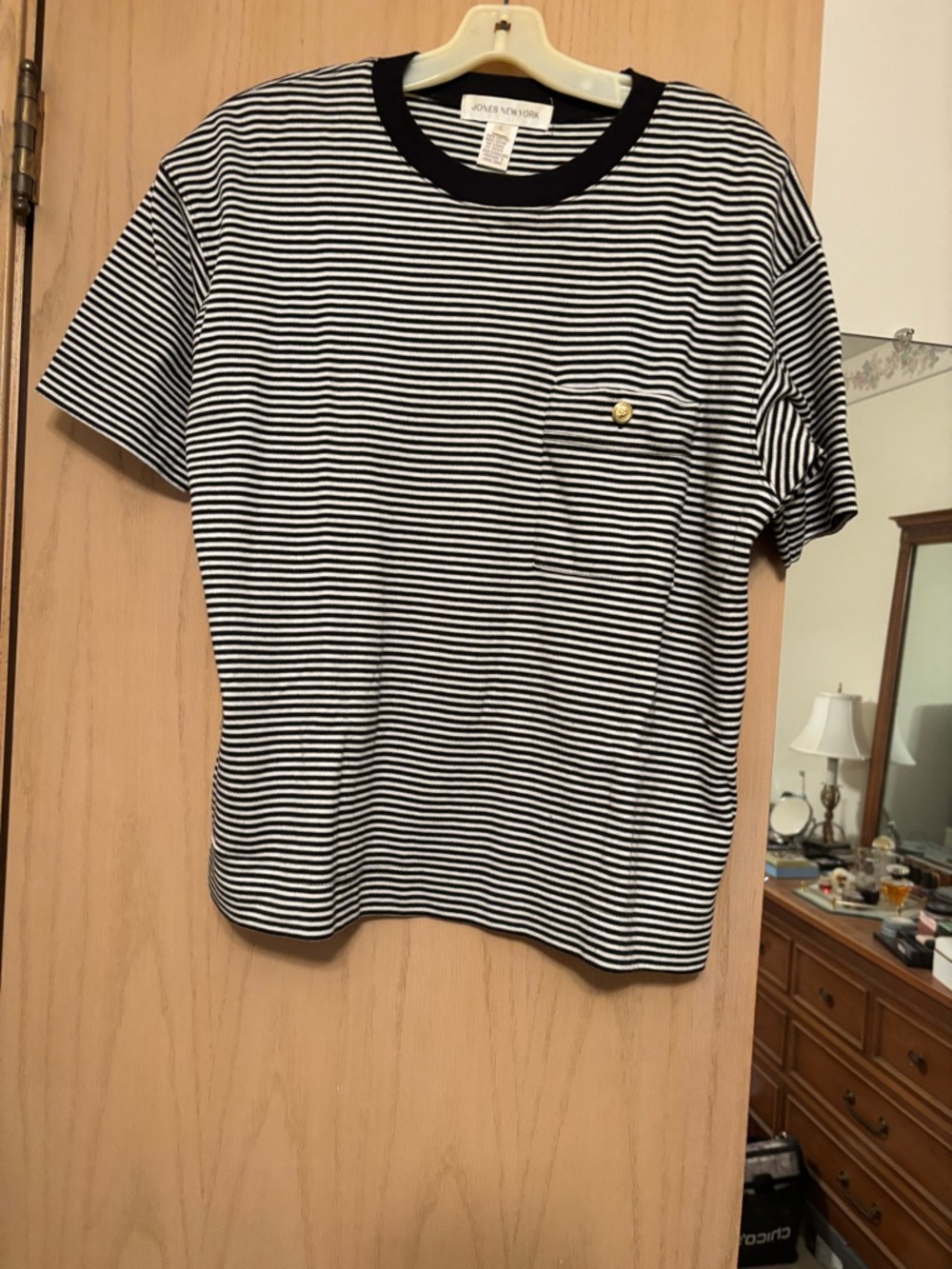 Jones New York Black and White Striped Pocket Tee
